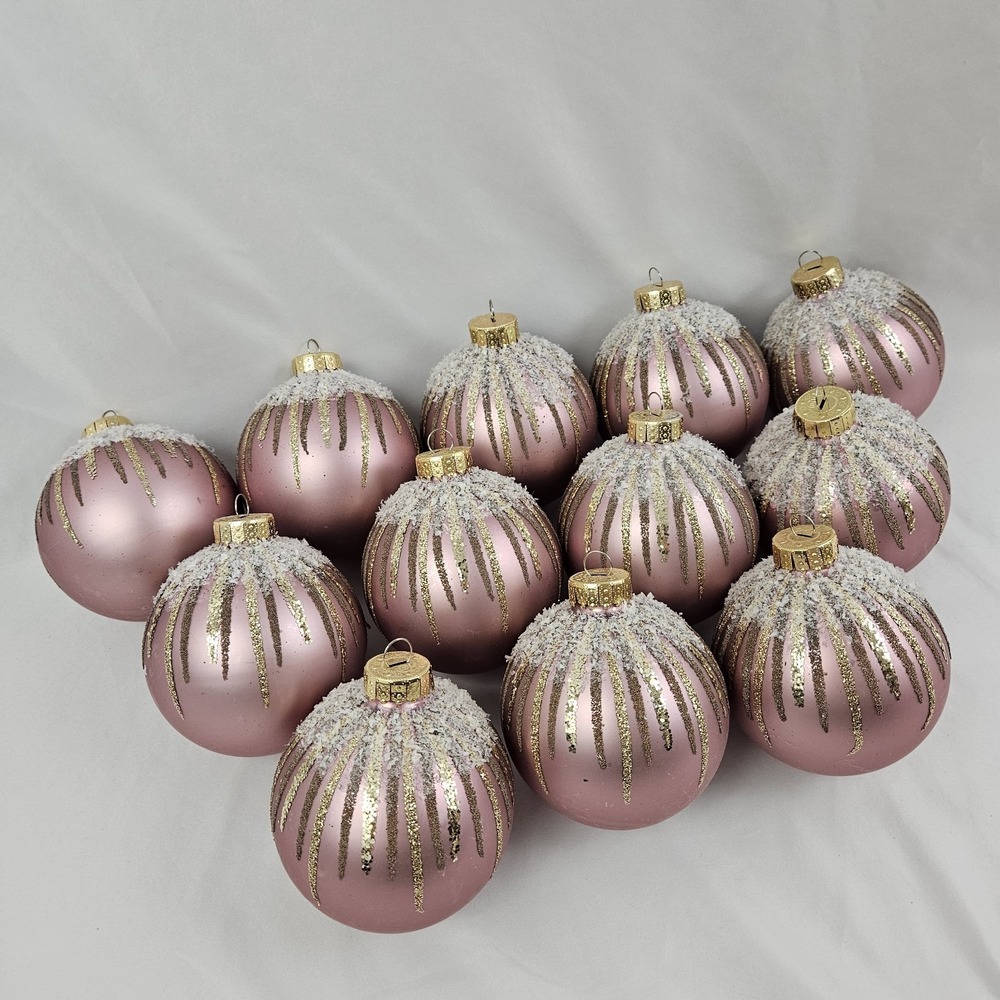 Large Opulent Pink Gold Round Mercury Glass Christmas Ornaments Set of 12